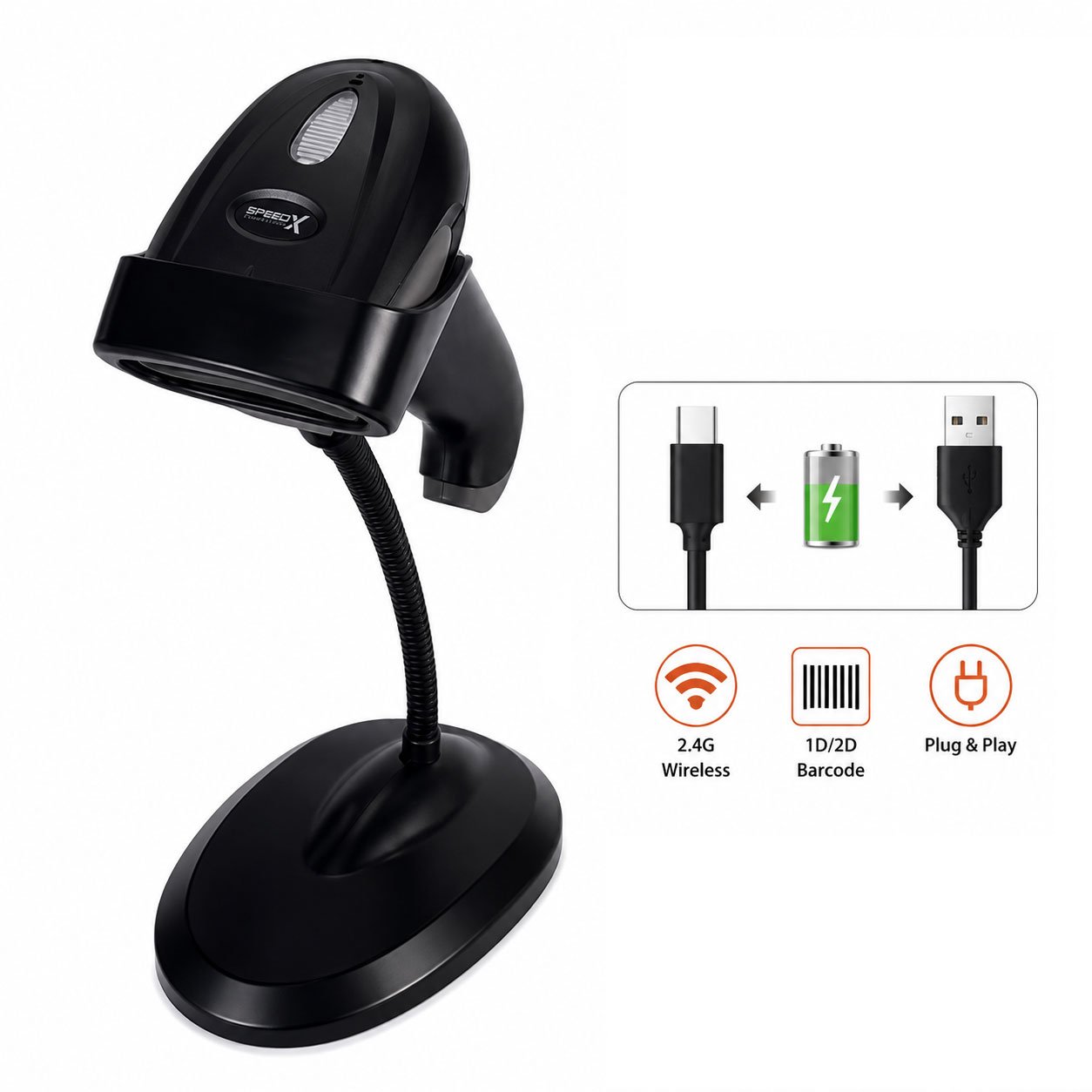 SpeedX 60D 2D CMOS Wireless 2.4Ghz Barcode Scanner with Stand 2 SpeedX 60D 2D CMOS Wireless 2.4Ghz Barcode Scanner with Stand - Image 2