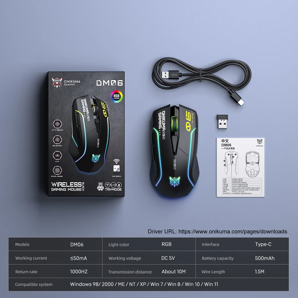 ONIKUMA DM06 Tri-Mode Wireless RGB Gaming Mouse Black with 12800Dpi and 1000Hz Polling Rate Rechargeable 7 ONIKUMA DM06