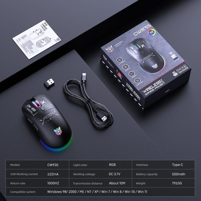 ONIKUMA CW935 Tri-Mode RGB Wireless Gaming Mouse Black with 12800Dpi 1000Hz Polling Rate & 6-Level DPI 21 ONIKUMA CW935
