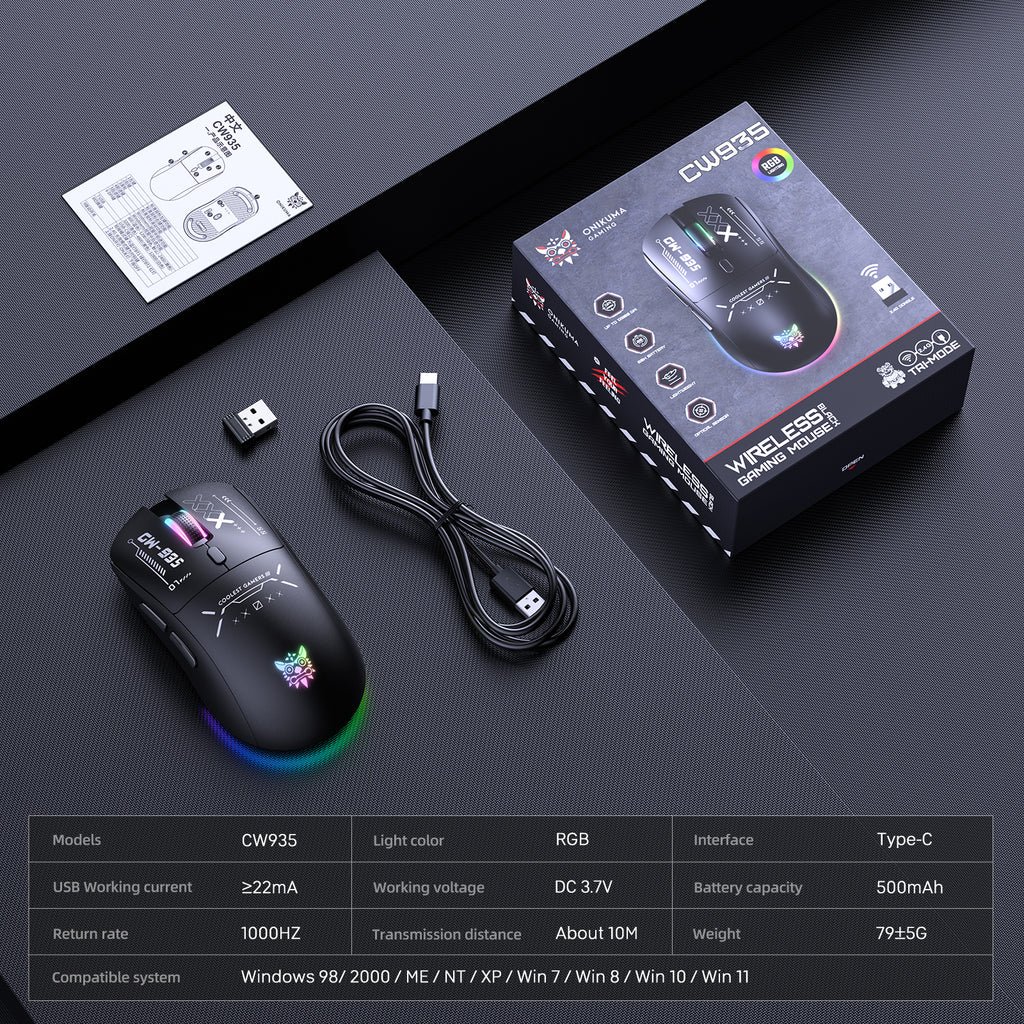 ONIKUMA CW935 Tri-Mode RGB Wireless Gaming Mouse Black with 12800Dpi 1000Hz Polling Rate & 6-Level DPI 7 ONIKUMA CW935
