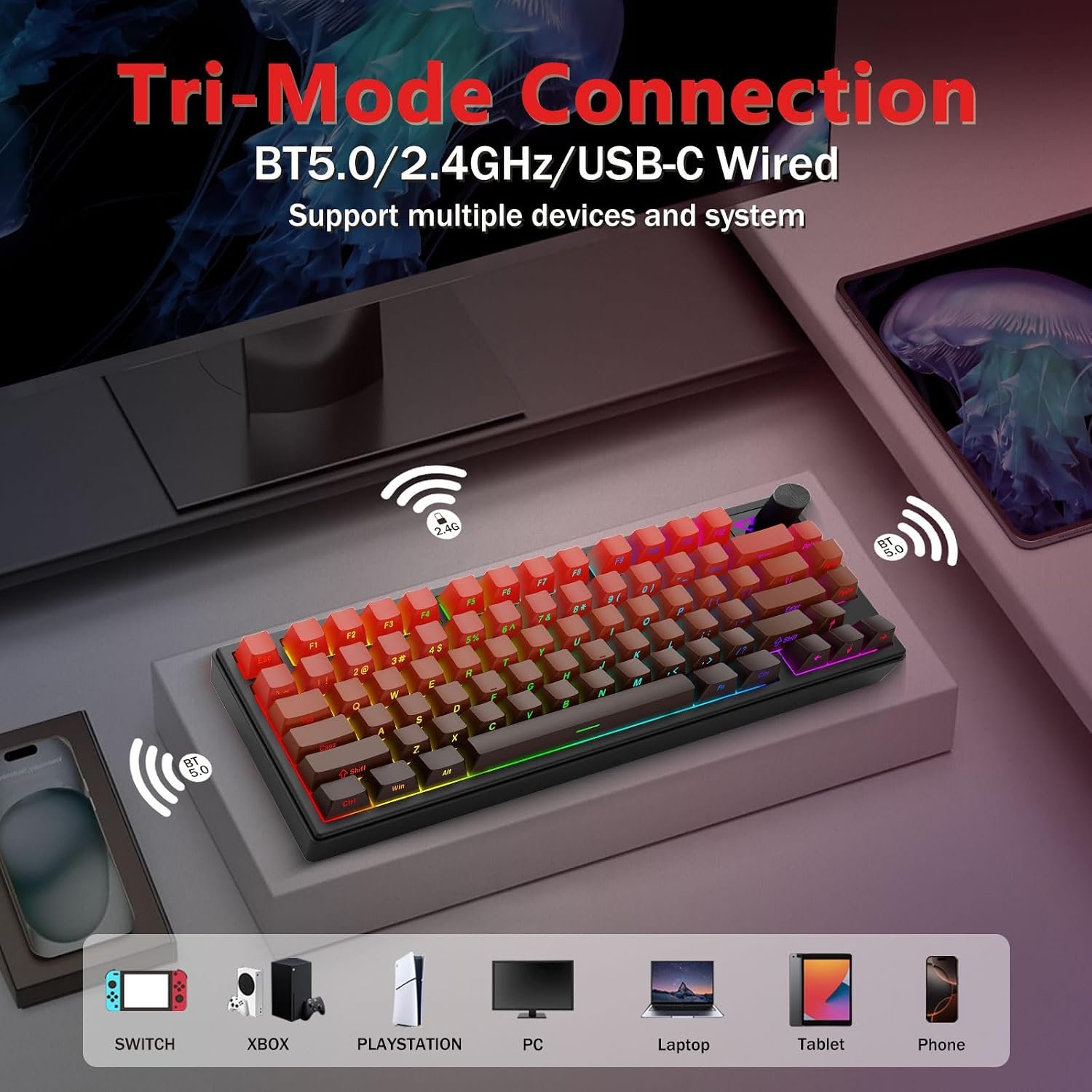 E-Yooso Z-79 Pro RGB Tri-Mode Mechanical Keyboard Gradient Red 79-Keys with Mint Mambo Switch Side Printed Keycaps 6 E-Yooso Z-79 Pro RGB Tri-Mode Mechanical Keyboard Gradient Red 79-Keys with Mint Mambo Switch Side Printed Keycaps - Image 6