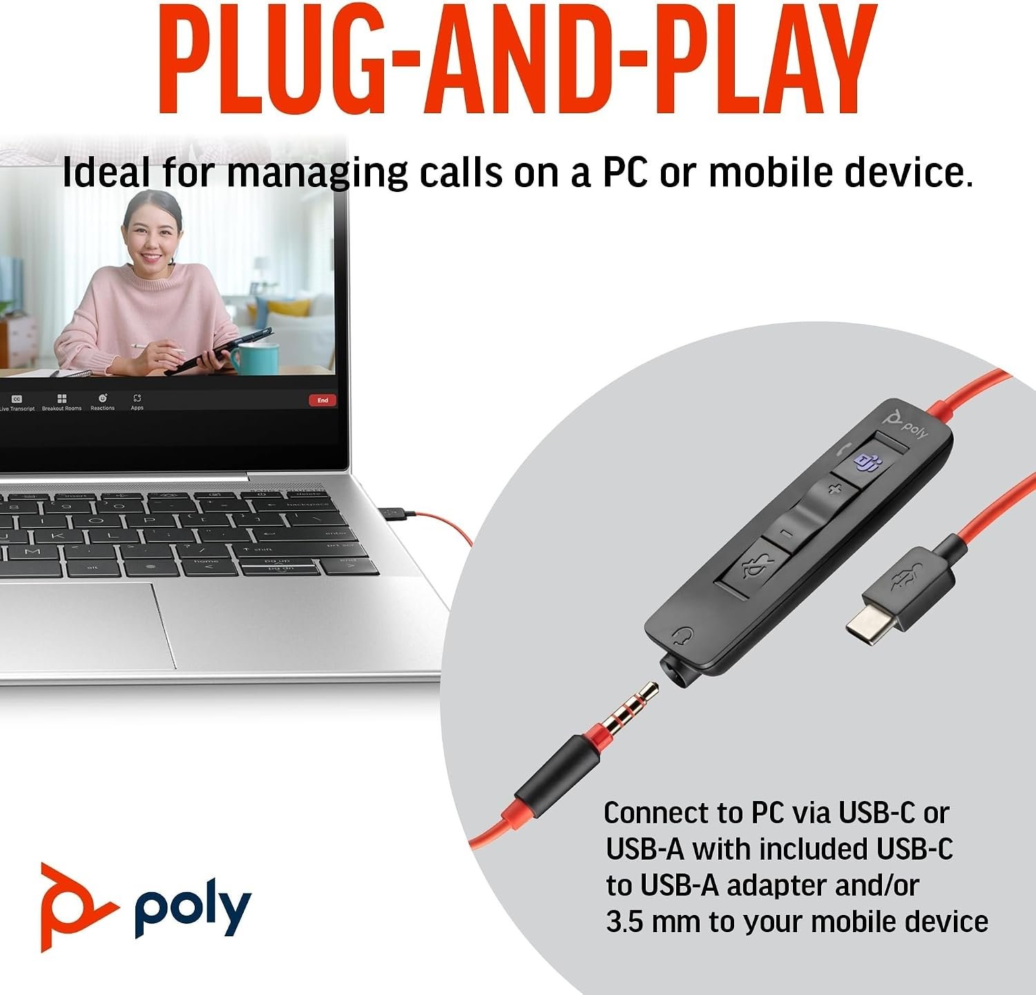 Poly Blackwire 3325 Wired Headset with USB A/C and 3.5mm Connector and Mic for PC & Work 3 Poly Blackwire 3325 Wired Headset with USB A/C and 3.5mm Connector and Mic for PC & Work - Image 3