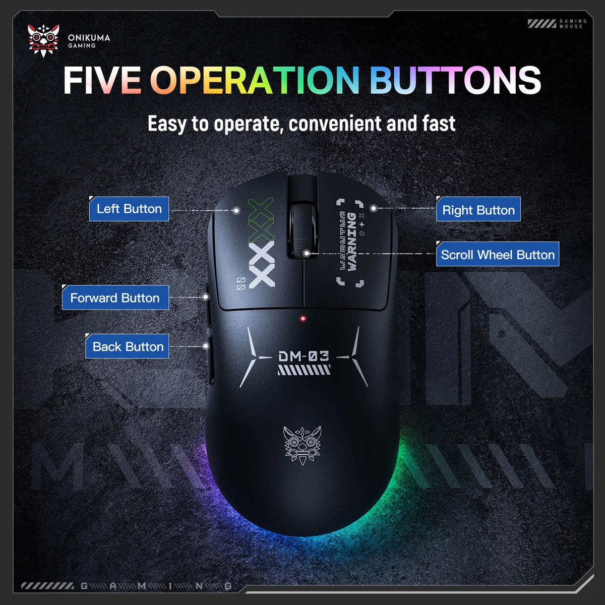 ONIKUMA DM03 Tri-Mode Wireless RGB Gaming Mouse Black with 12000Dpi and PAW3311 Sensor Rechargeable 2 ONIKUMA DM03 Tri-Mode Wireless RGB Gaming Mouse Black with 12000Dpi and PAW3311 Sensor Rechargeable - Image 2