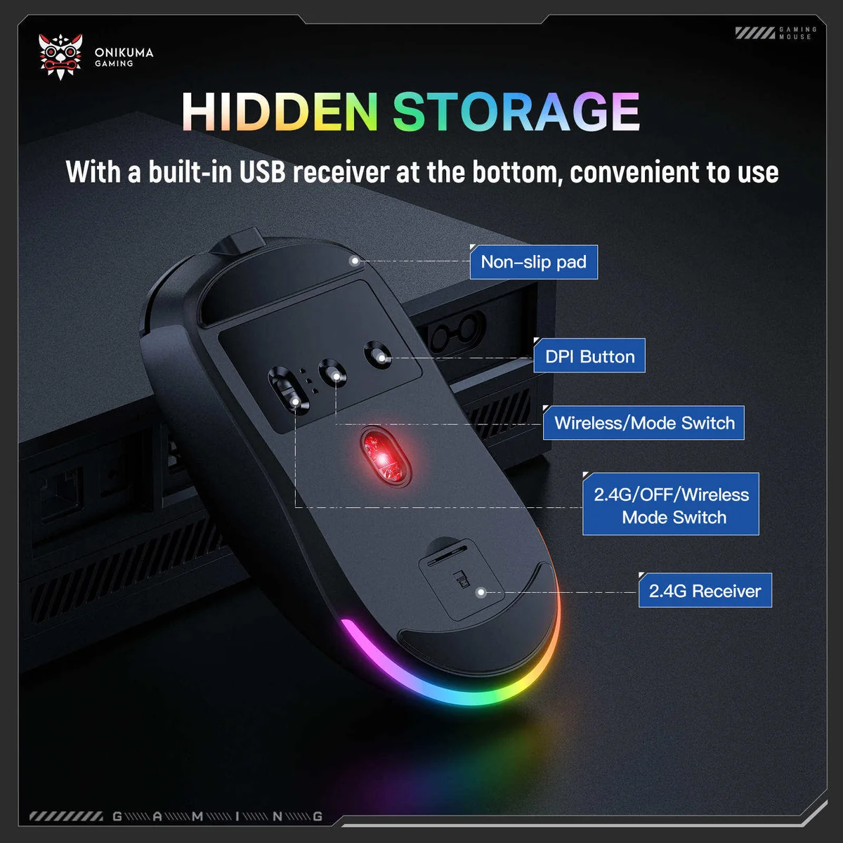 ONIKUMA DM03 Tri-Mode Wireless RGB Gaming Mouse Black with 12000Dpi and PAW3311 Sensor Rechargeable 3 ONIKUMA DM03 Tri-Mode Wireless RGB Gaming Mouse Black with 12000Dpi and PAW3311 Sensor Rechargeable - Image 3