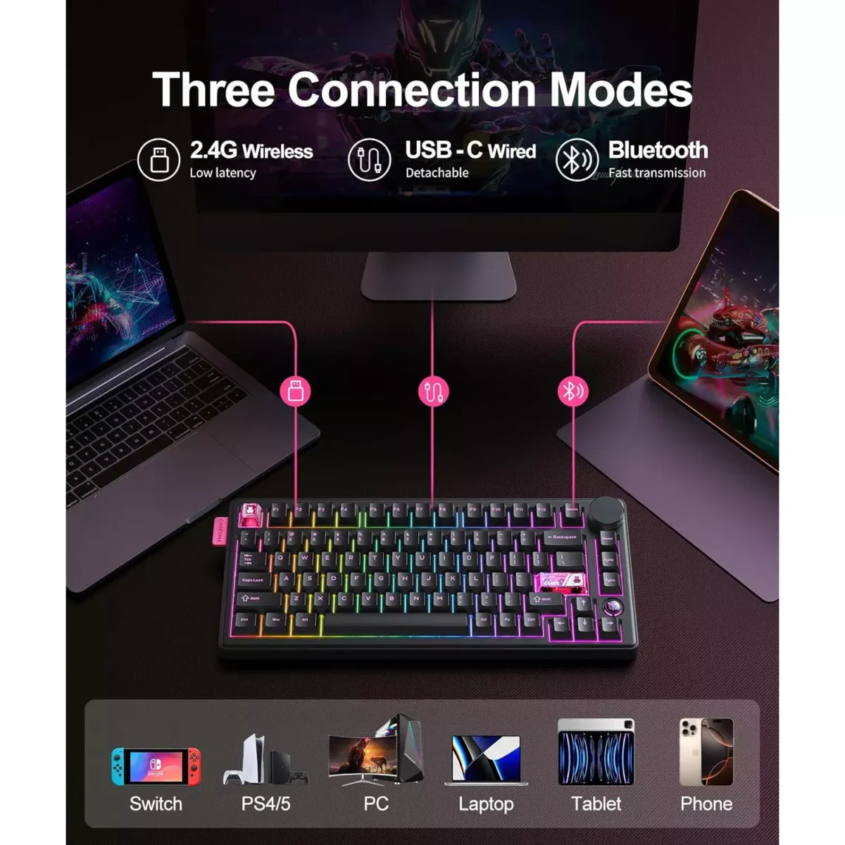 ONIKUMA MT706 Tri-Mode Wireless Mechanical Gaming Keyboard 81 Keys Hot-Swappable Linear Switches with Multimedia Knob 2 ONIKUMA MT706 Tri-Mode Wireless Mechanical Gaming Keyboard 81 Keys Hot-Swappable Linear Switches with Multimedia Knob - Image 2