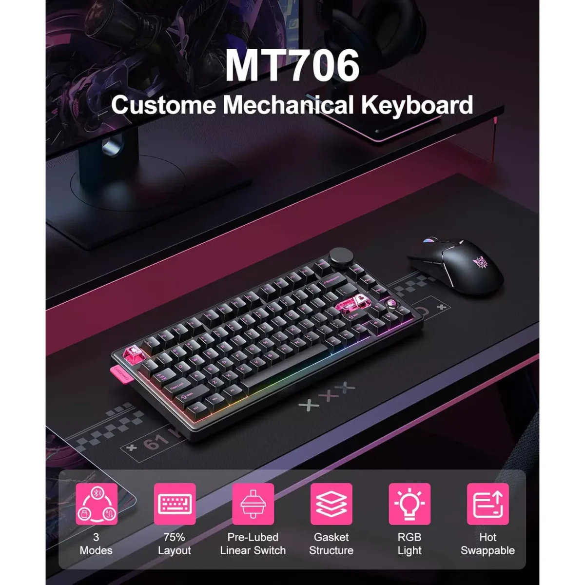 ONIKUMA MT706 Tri-Mode Wireless Mechanical Gaming Keyboard 81 Keys Hot-Swappable Linear Switches with Multimedia Knob 6 ONIKUMA MT706