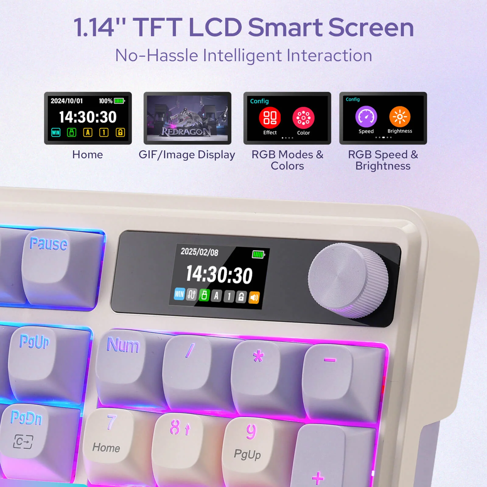 Redragon K762 PRO TERRAFLARE RGB Wireless Mechanical Gaming Keyboard Violet with LCD Screen & Volume Knob 3-Mode Connectivity 4 Redragon K762 PRO TERRAFLARE RGB Wireless Mechanical Gaming Keyboard Violet with LCD Screen & Volume Knob 3-Mode Connectivity - Image 4